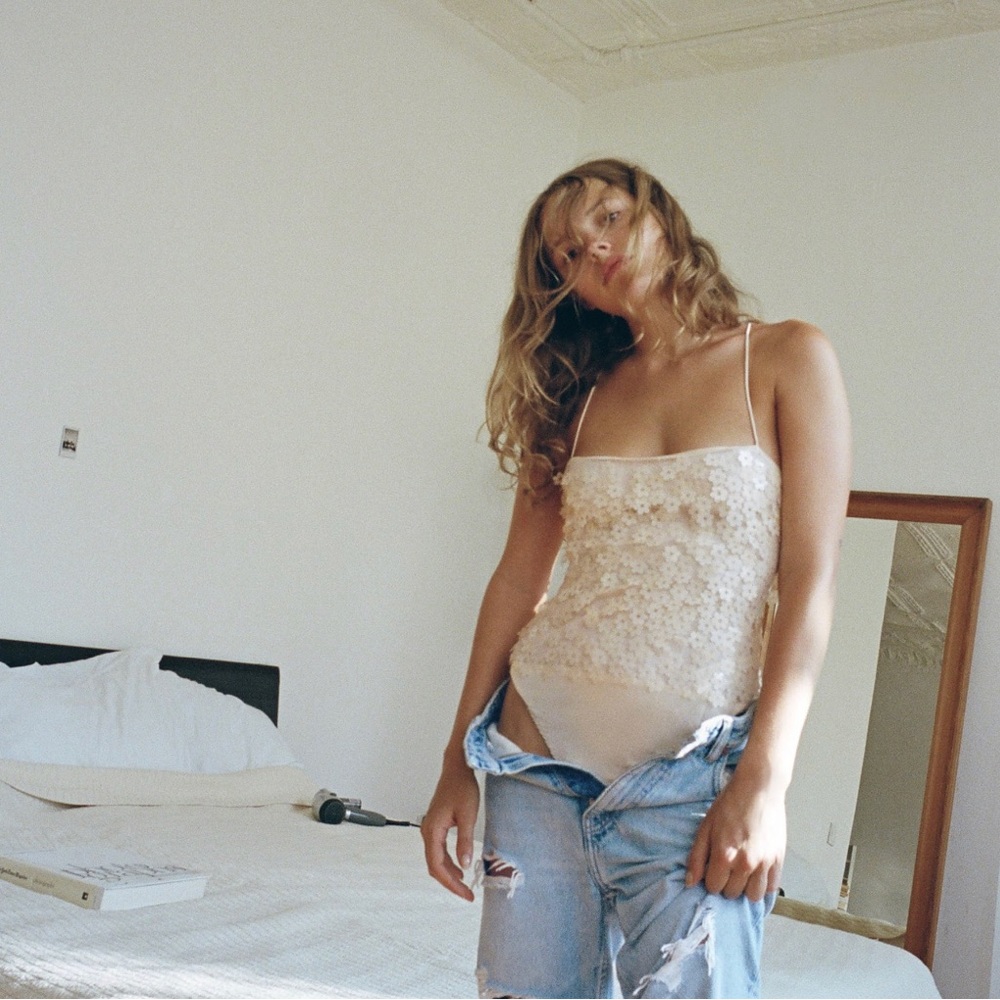 ZARA Floral Sequin Bodysuit Cream